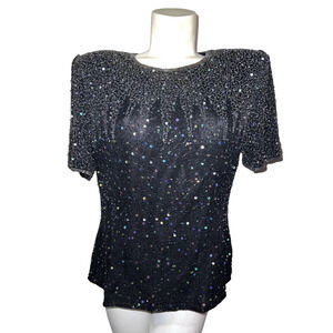 Stenay Top Size XL Black Silver Silk Beaded Sequin Lined Shirt Special Party